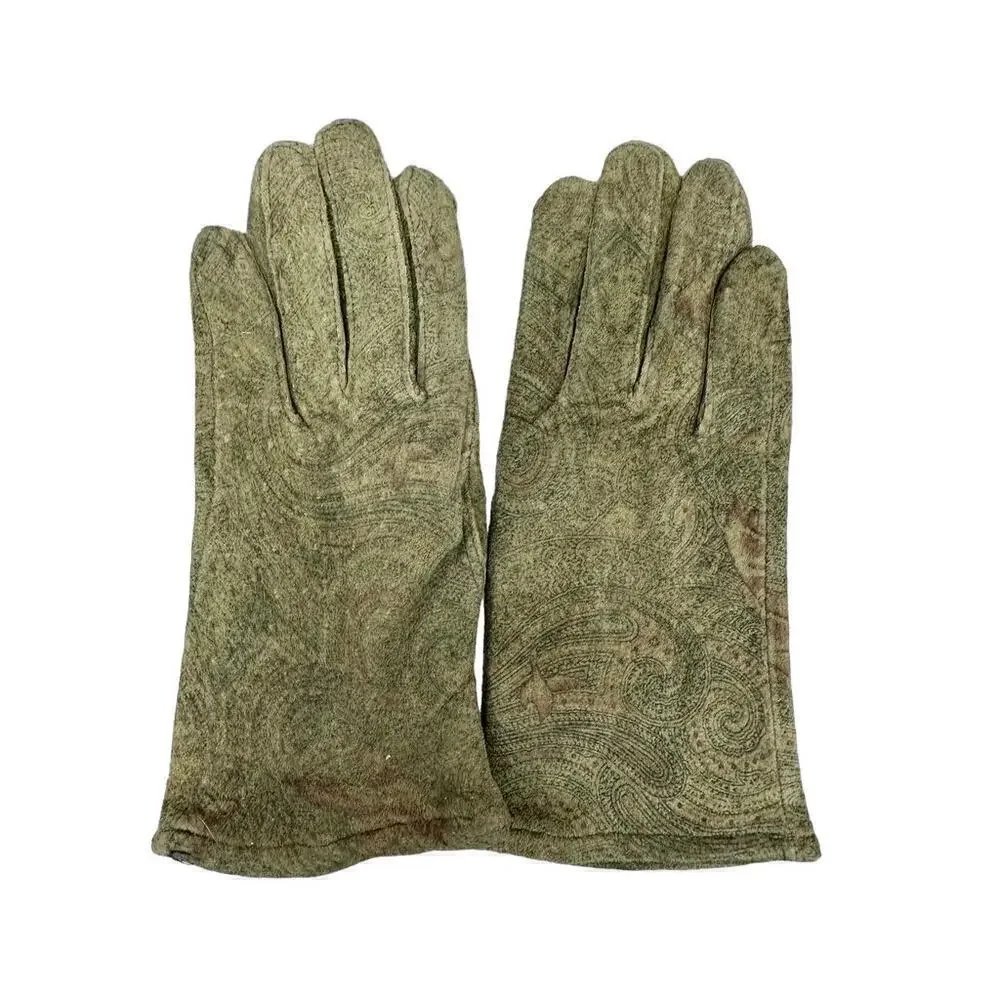 VTG Van Raalte Sueded Leather Gloves Paisley Sz M Pale Green 1970s